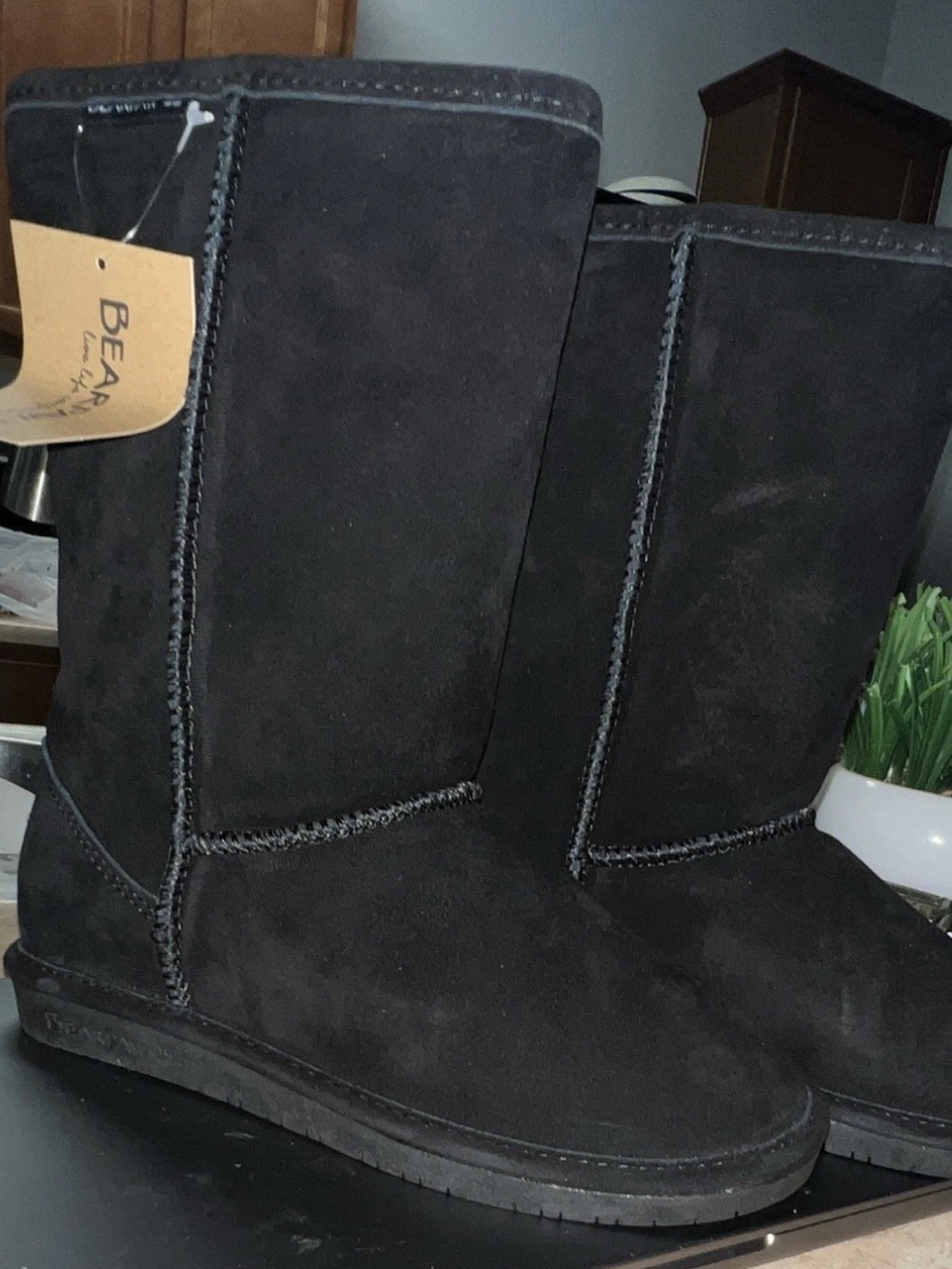 BearPaw Women's Tall Suede Pull-On Boots in Black size 8